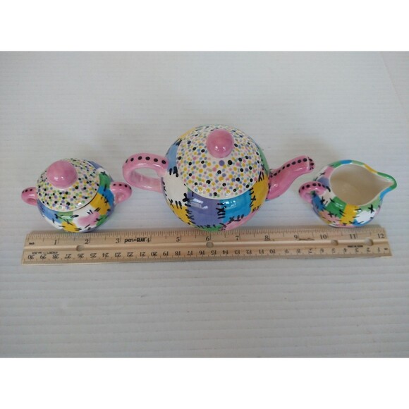 Vintage 2005 Hand Painted Signed Tea Set Pot Sugar Bowl Creamer patchwork - Picture 3 of 16
